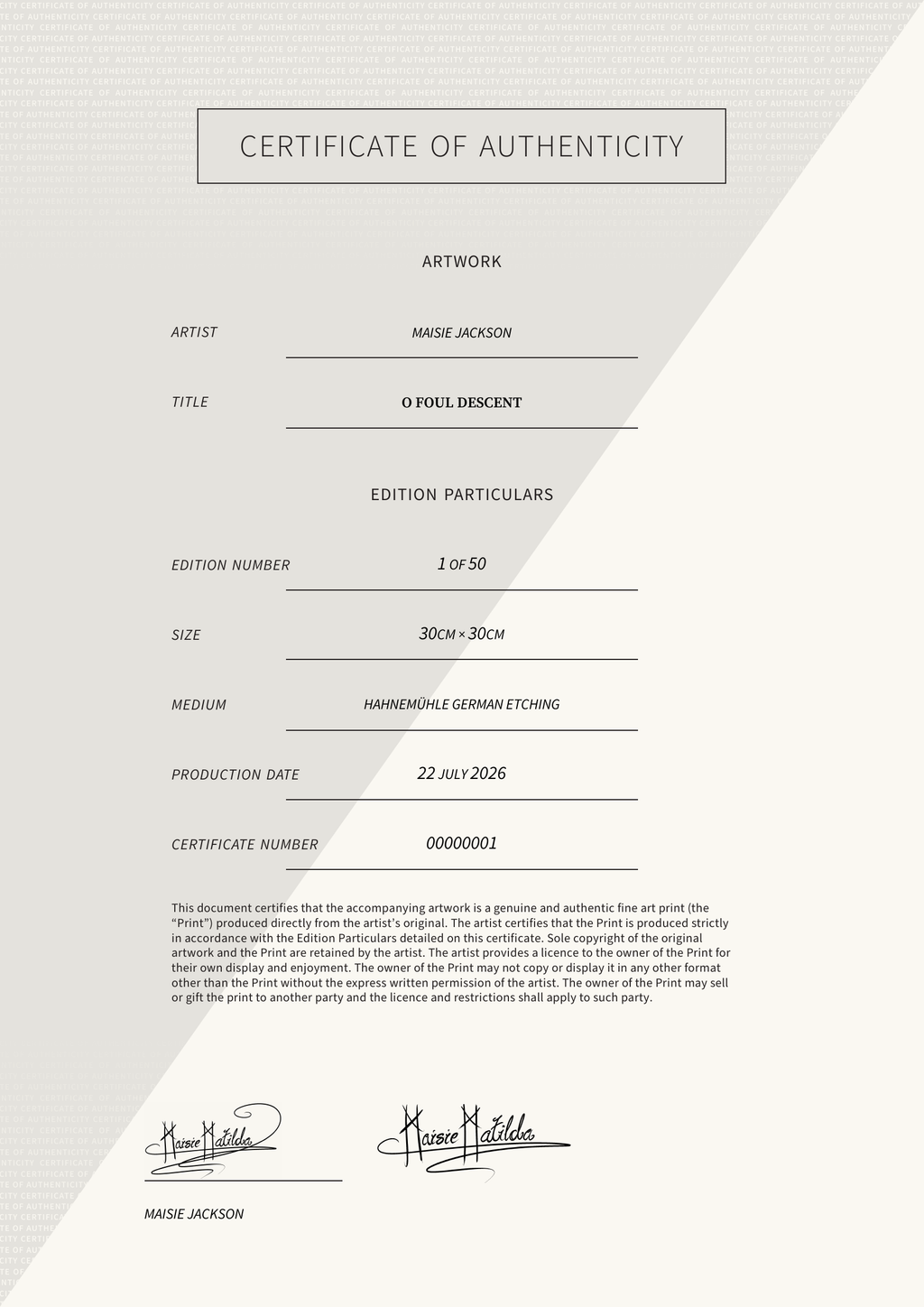 O Foul Descent — Certificate of Authenticity