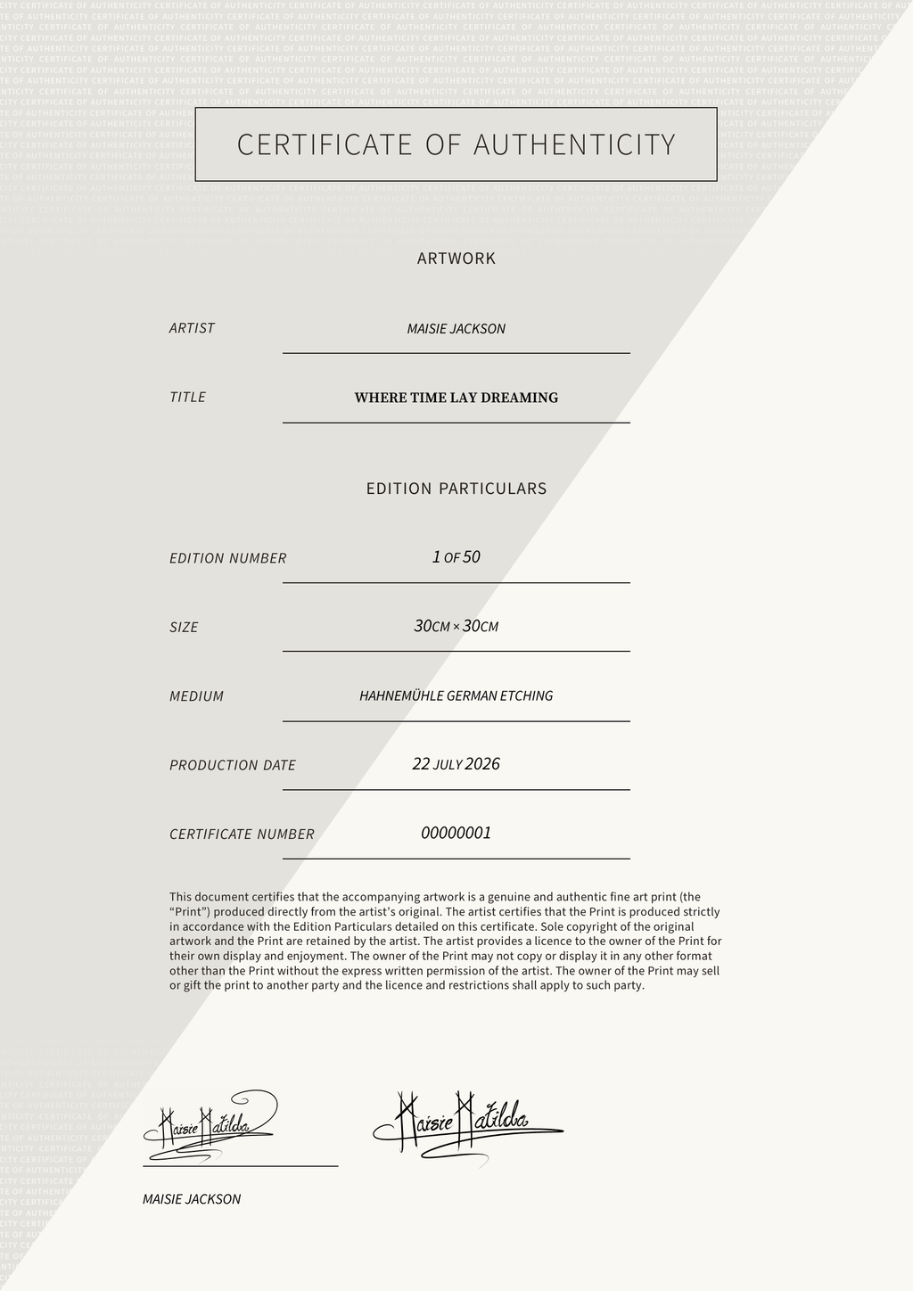 Where Time Lay Dreaming — Certificate of Authenticity