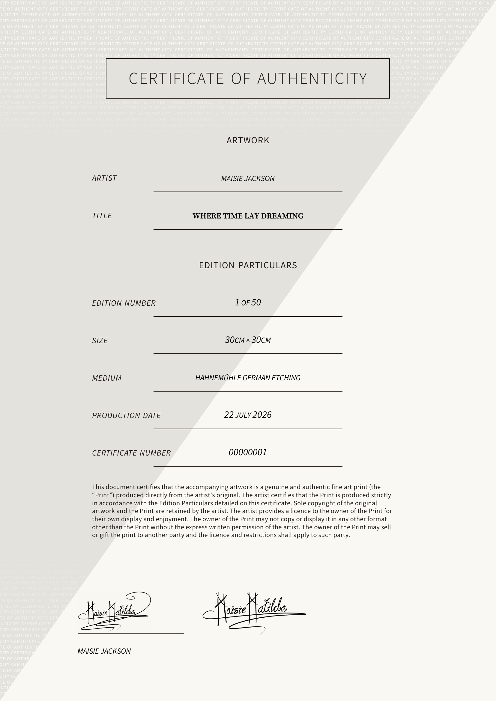 Where Time Lay Dreaming — Certificate of Authenticity