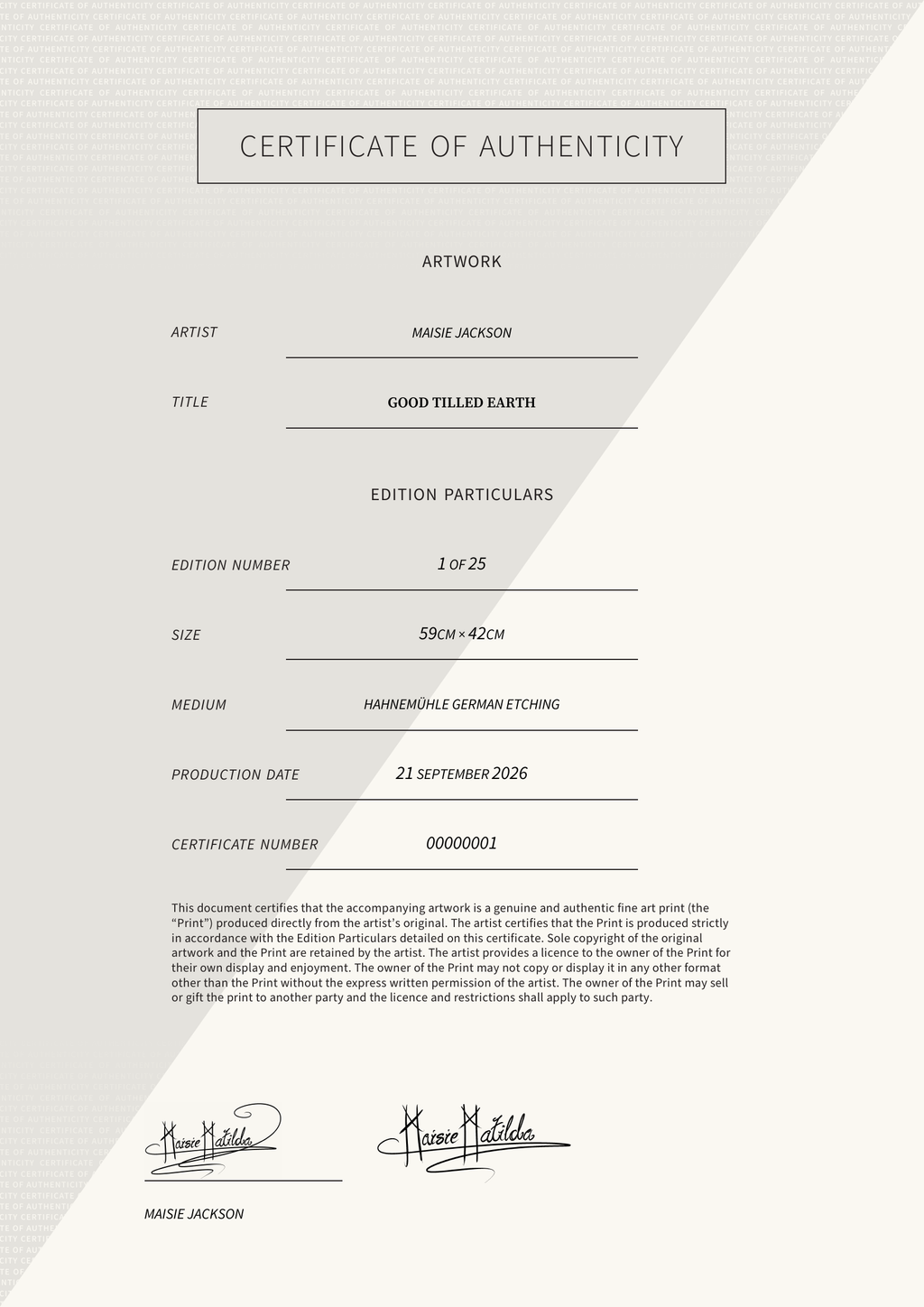 Good Tilled Earth — Certificate of Authenticity