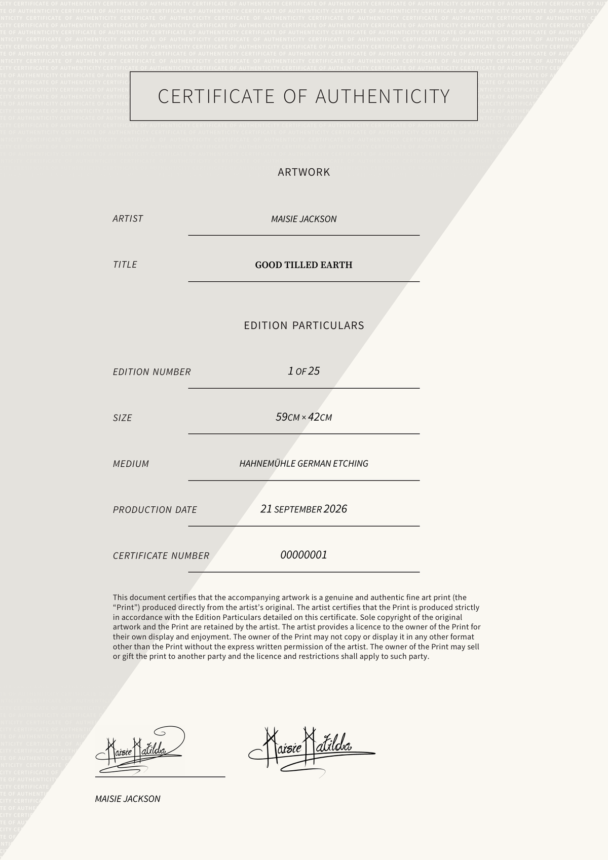 Good Tilled Earth — Certificate of Authenticity