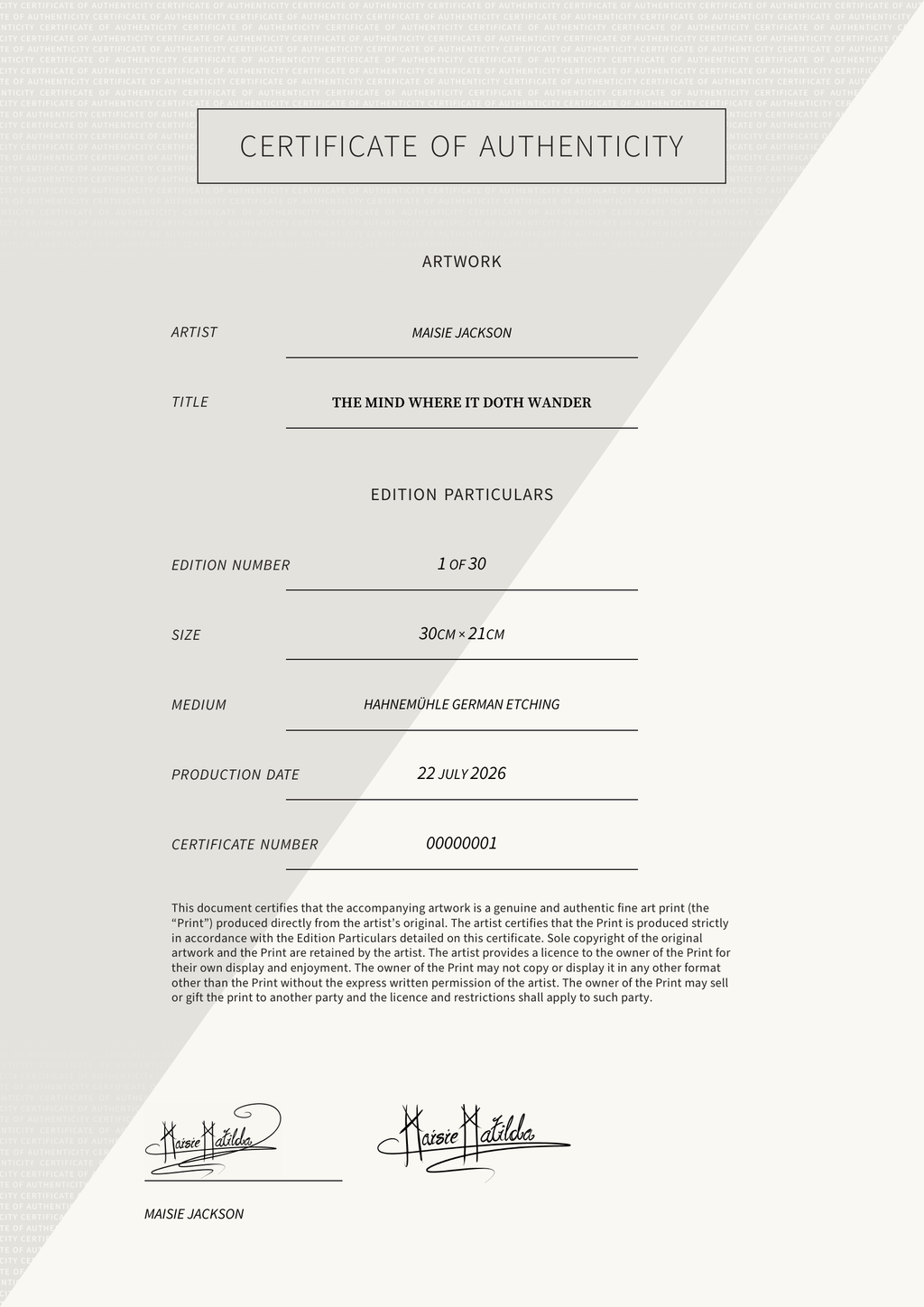 The Mind Where It Doth Wander — Certificate of Authenticity